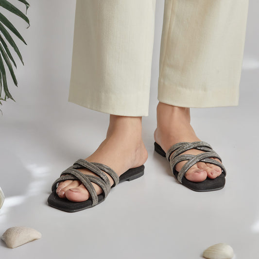 Metallic Rhinestone Slides - Black