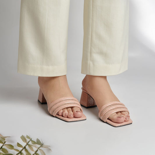 Rhinestone Block Heel - Peach