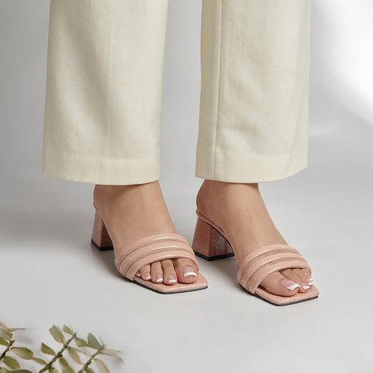 Rhinestone Block Heel - Peach