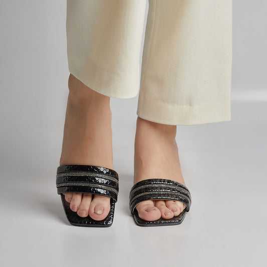 Rhinestone Block Heel - Black