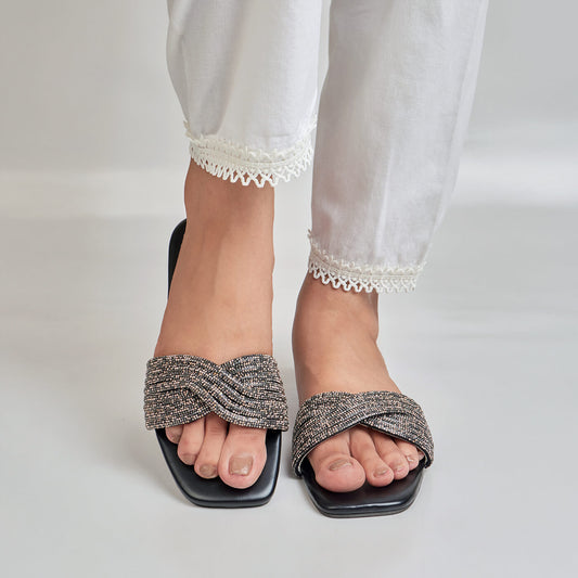 Rhinestone Twisted Slides - Black