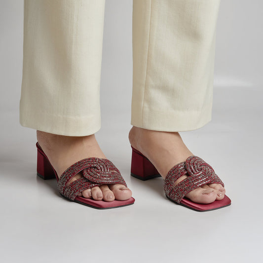 Humming Rhinestone Block Heel - Maroon