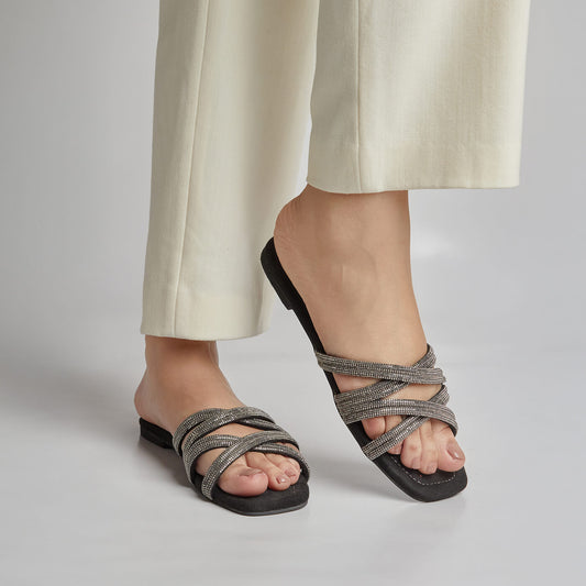 Metallic Rhinestone Slides - Black