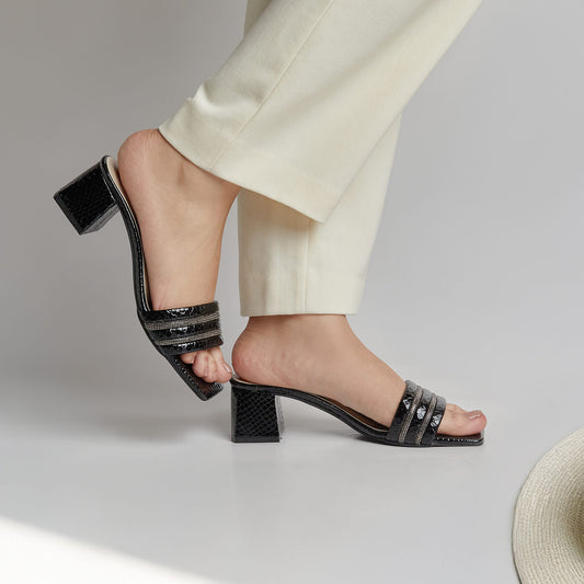 Rhinestone Block Heel - Black