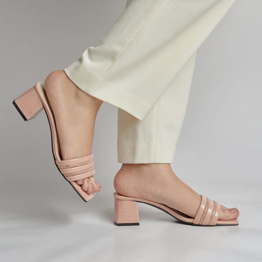 Rhinestone Block Heel - Peach