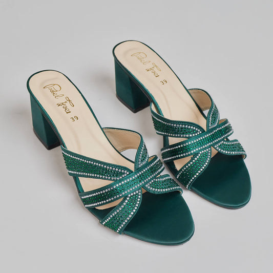 Shimmer Sage Block Heel - Bottle Green