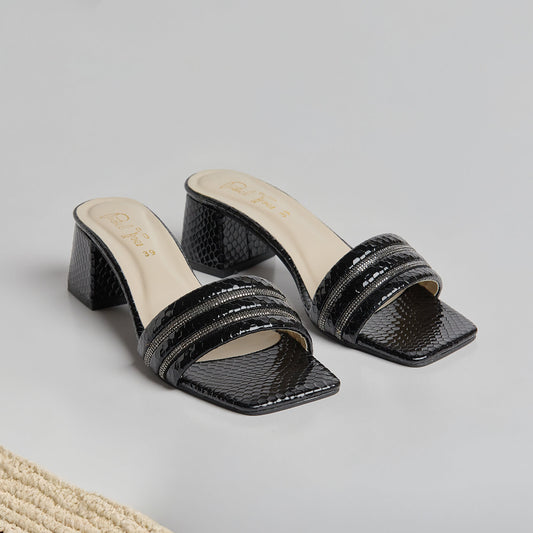 Rhinestone Block Heel - Black