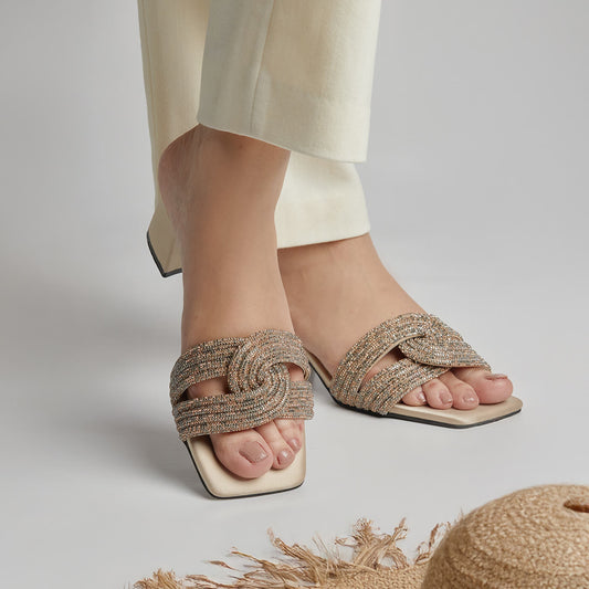 Humming Rhinestone Block Heel - Light Gold