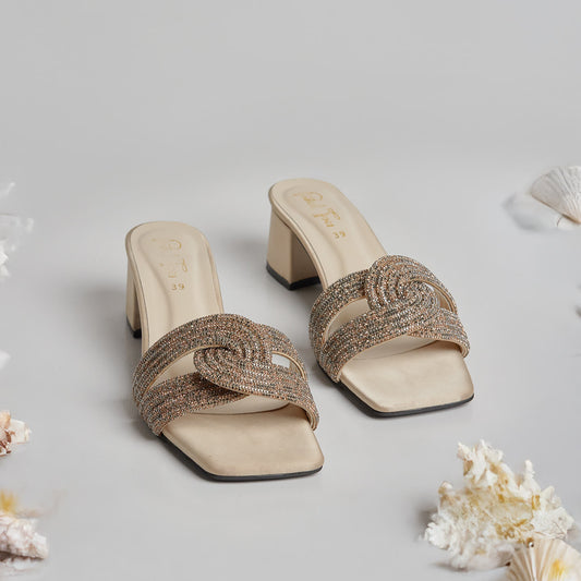 Humming Rhinestone Block Heel - Light Gold