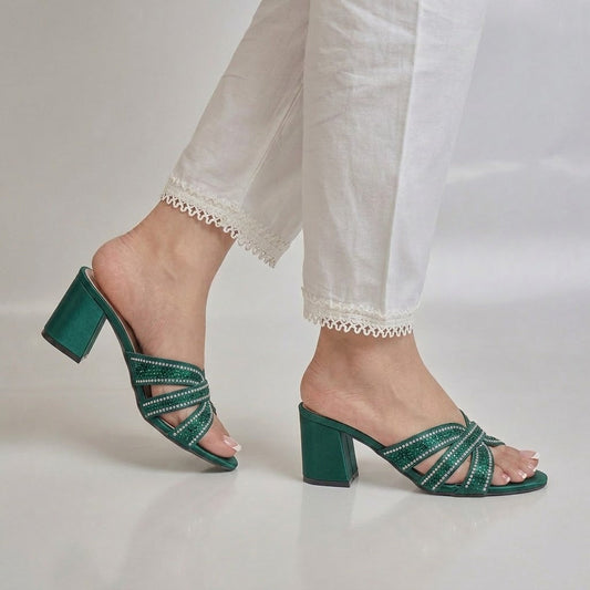 Shimmer Sage Block Heel - Bottle Green