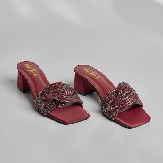 Humming Rhinestone Block Heel - Maroon