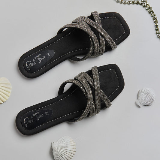 Metallic Rhinestone Slides - Black