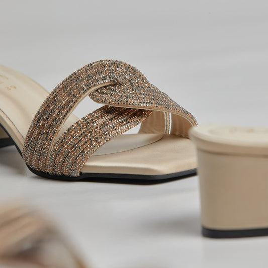 Humming Rhinestone Block Heel - Light Gold