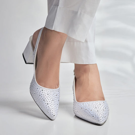 Glossy White Rhinestone Sling Back
