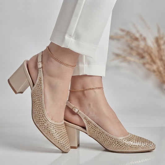 Glossy Rhinestone Sling Back - Gold
