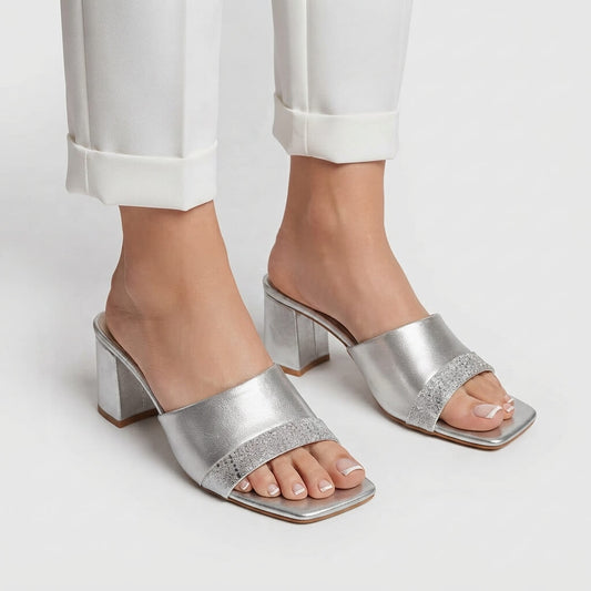 Glossy Block Heel - Silver