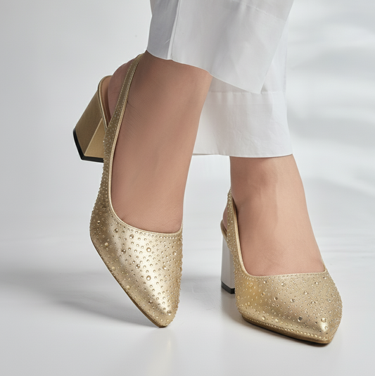 Glossy Rhinestone Sling Back - Gold