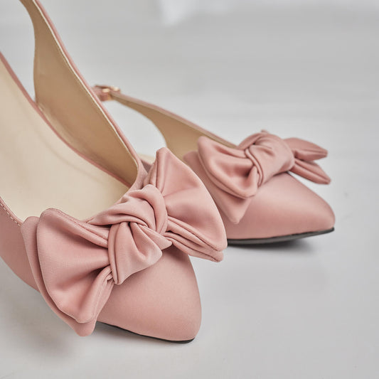 Satin Double Bow Pump - Nude Pink