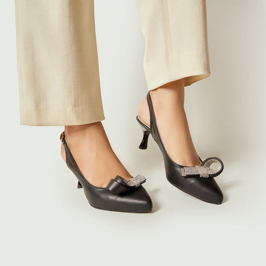 Rhinestone Tie Sling Back - Black
