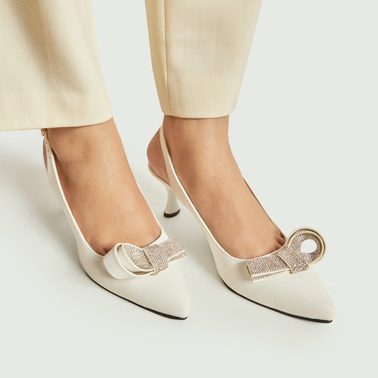 Rhinestone Tie Sling Back - White