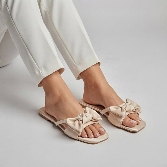 Double Bow Silk Slides - Gold