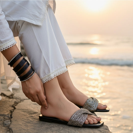 Rhinestone Twisted Slides - Black