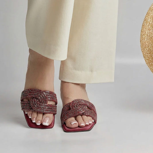 Humming Rhinestone Block Heel - Maroon