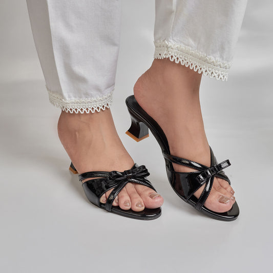 Bow Knot Patent Block Heel - Black