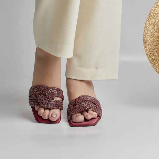 Humming Rhinestone Block Heel - Maroon