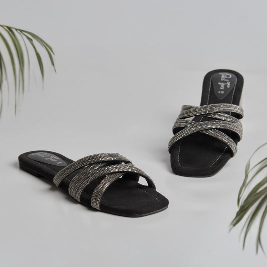 Metallic Rhinestone Slides - Black