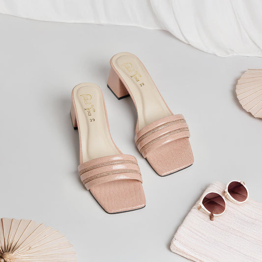 Rhinestone Block Heel - Peach