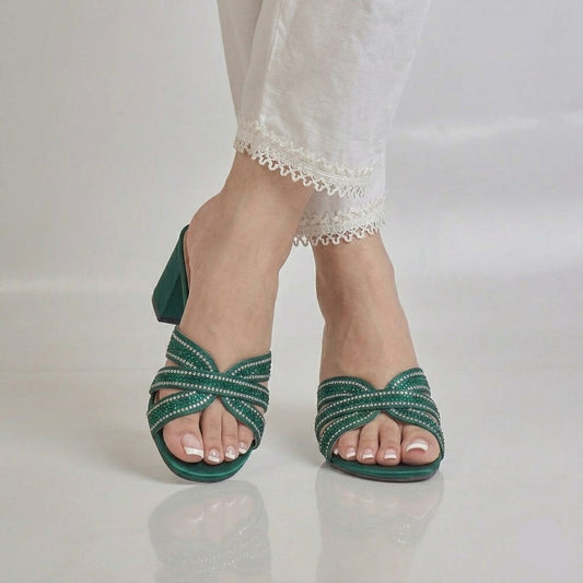 Shimmer Sage Block Heel - Bottle Green