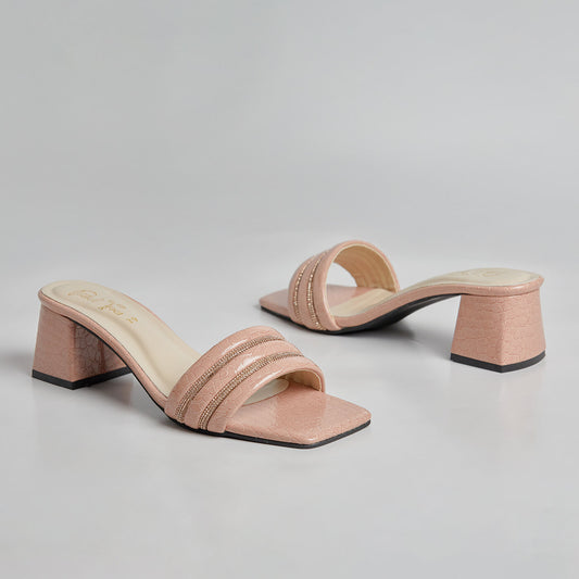Rhinestone Block Heel - Peach
