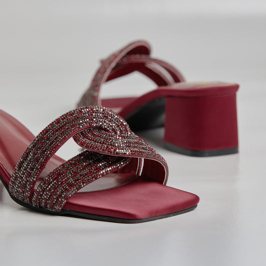Humming Rhinestone Block Heel - Maroon