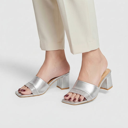 Glossy Block Heel - Silver