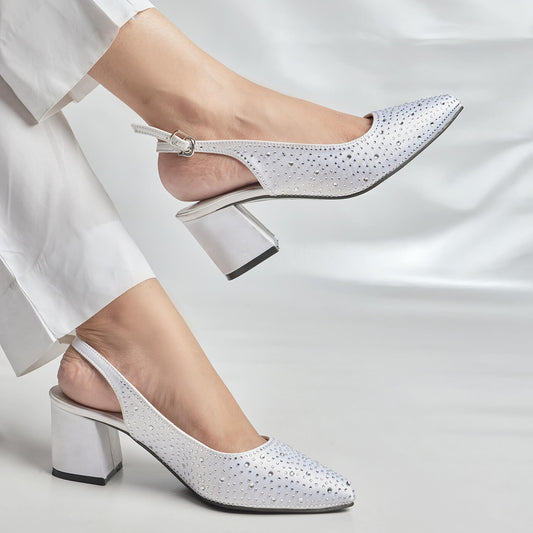 Glossy White Rhinestone Sling Back