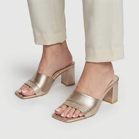 Glossy Block Heel - Gold