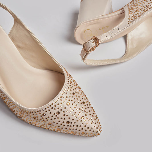 Glossy Rhinestone Sling Back - Gold