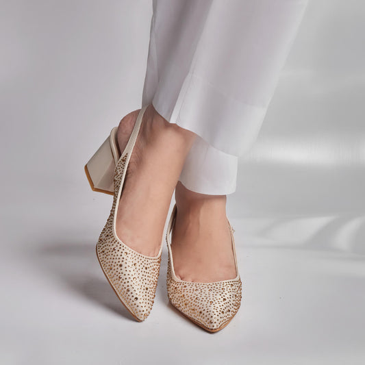 Glossy Rhinestone Sling Back - Gold