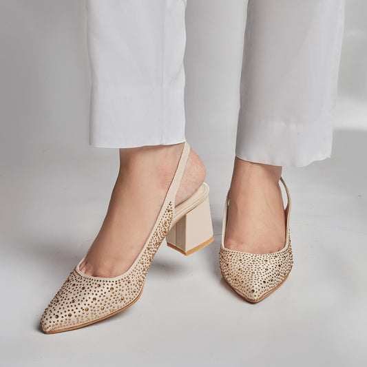 Glossy Rhinestone Sling Back - Gold