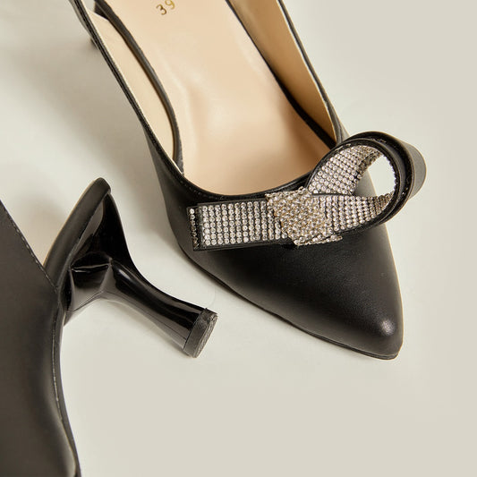 Rhinestone Tie Sling Back - Black
