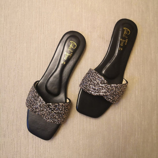 Rhinestone Twisted Slides - Black