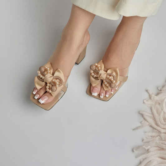 Rhinestone Balls Block Heel - Golden