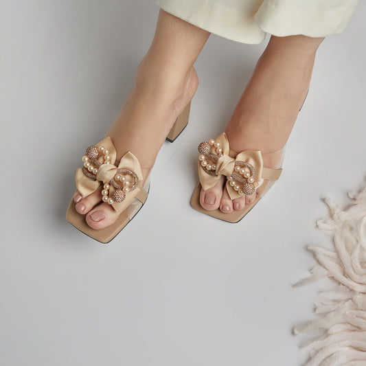 Rhinestone Balls Block Heel - Golden