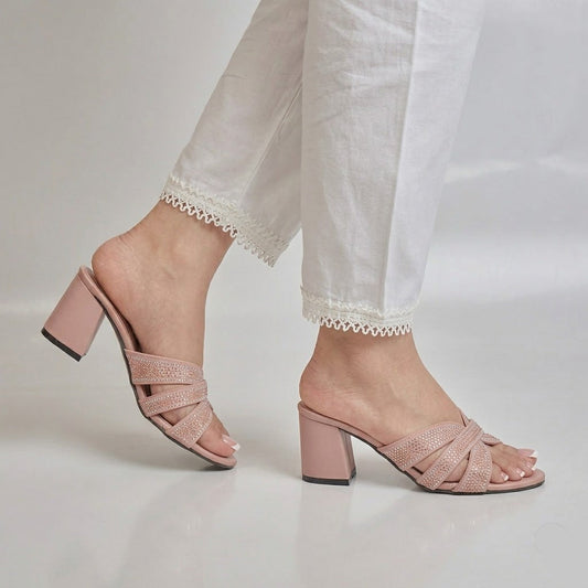 Shimmer Sage Block Heel -Nude Pink