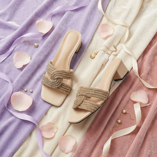 Humming Rhinestone Block Heel - Light Gold