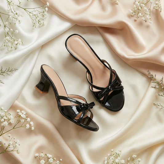 Bow Knot Patent Block Heel - Black