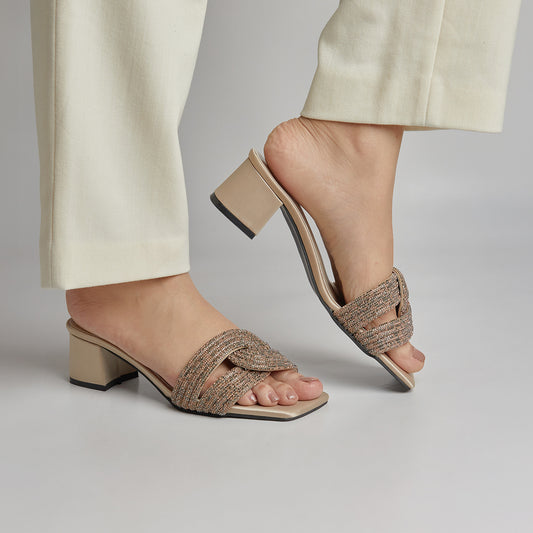 Humming Rhinestone Block Heel - Light Gold