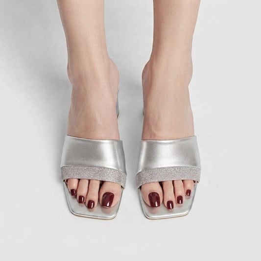 Glossy Block Heel - Silver