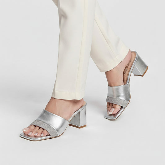 Glossy Block Heel - Silver